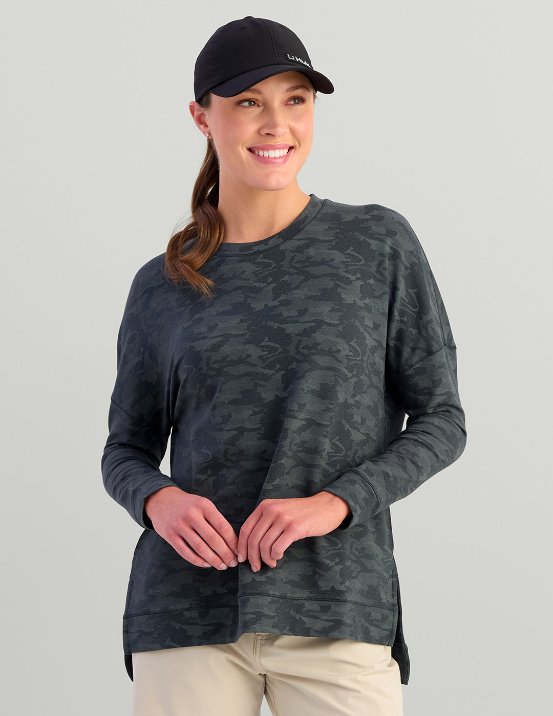 Womens Bamboo French Terry Lightweight Sweatshirt in Volcanic Ash Camo