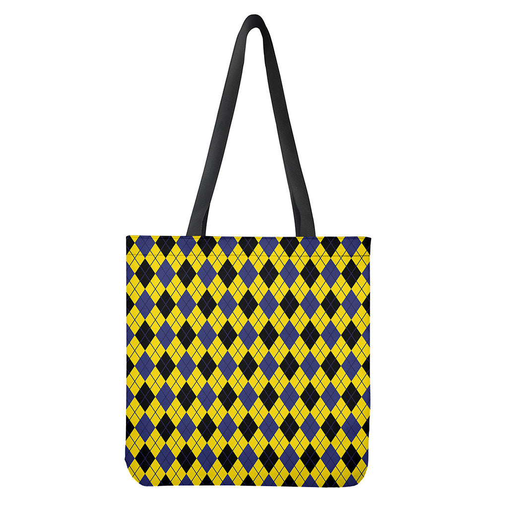Yellow Blue Black Argyle Print Polyester Tote Bag Double-Sided